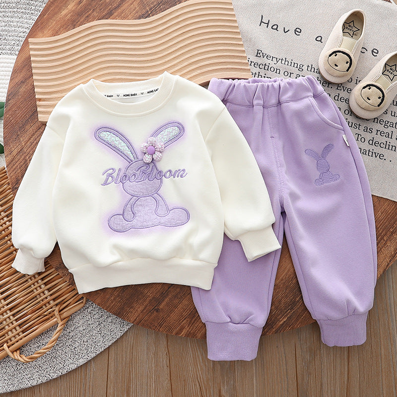 Free shipping Yikids girls' spring new baby girls' cartoon cute rabbit sweater long-sleeved trousers two-piece suit