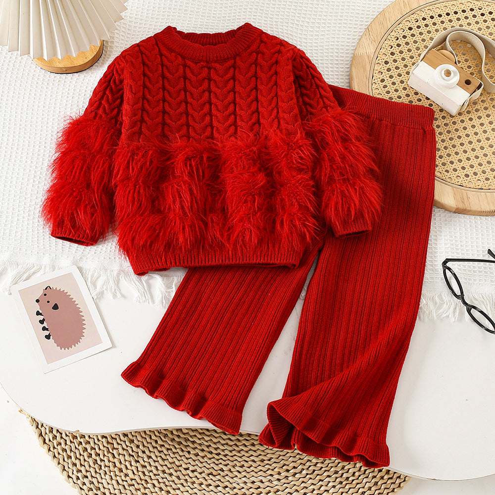 Girls' New Autumn and Winter Hemp Flower Woolen Sweater Women's Treasure Two-Piece Knitted Woolen Mink Crewneck Flared Pants suit