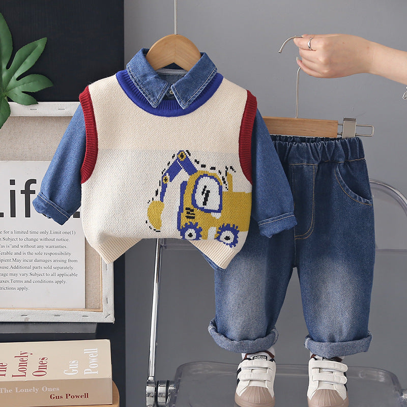 2026 New Boys' Autumn Outfit Set, Children's Stylish Spring and Autumn Excavator Sweater Three-Piece Set, Trendy Baby Clothes