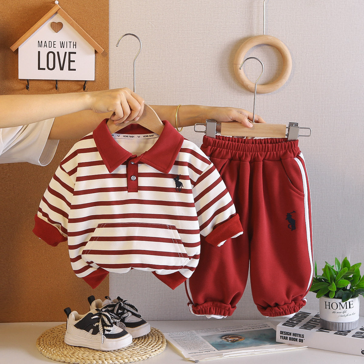 Boys' Striped Polo Set Spring and Autumn New Style Toddler Embroidered Turn-down Collar Sweatshirt and Pants Casual Two-piece Set Children's Clothing Wholesale