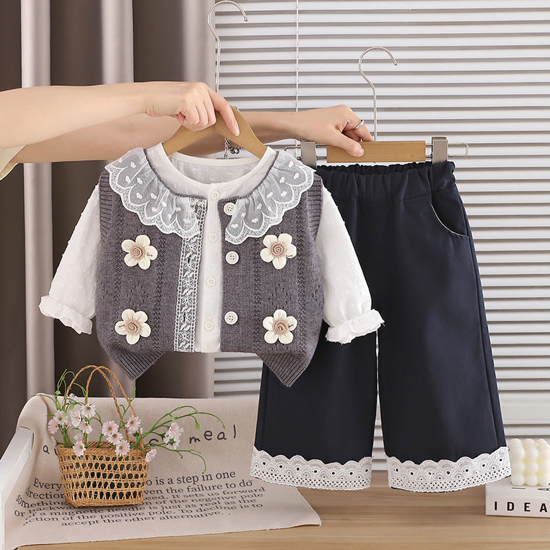 2026 New Girls' Spring and Autumn Outfit, Stylish Baby Fall Three-Piece Set with 3D Flower Sweater, Trendy Wholesale for Infants and Children
