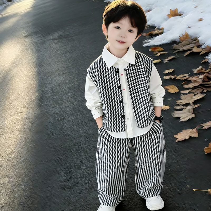 Trendy and Stylish Boys' Outfit 2026 New Children's Spring Clothing Korean Style Shirt Vest Striped Three-Piece Set for Toddlers