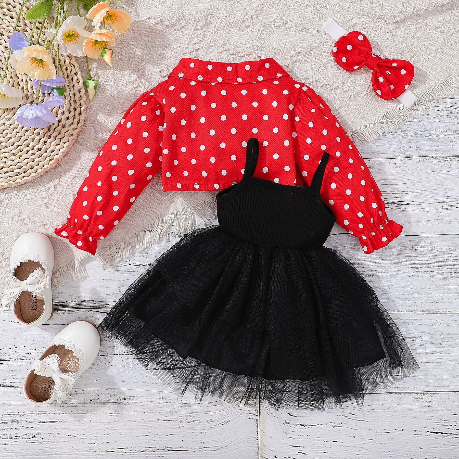 girls skirt suit baby and toddler sling mesh bow dress + polka dot lapel Tops