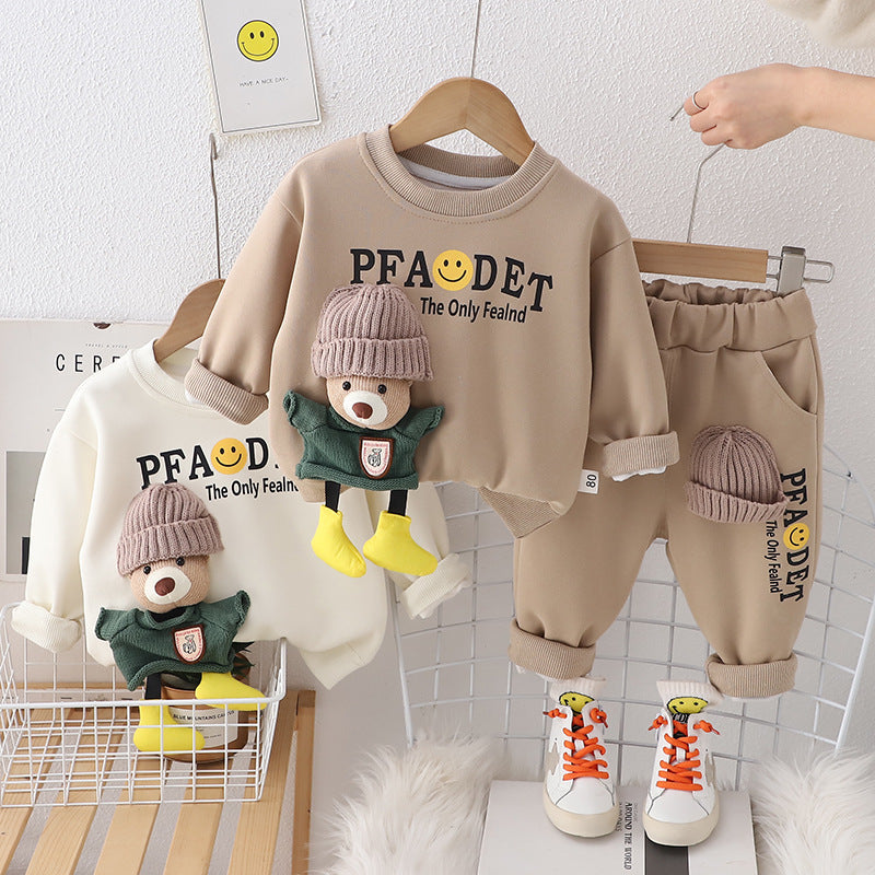 Boys' Winter Plush Thickened Sweater Two Piece Set baby clothes (Available)