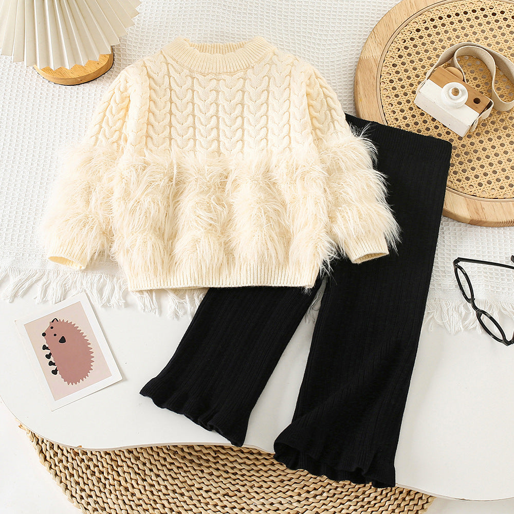 Girls' New Autumn and Winter Hemp Flower Woolen Sweater Women's Treasure Two-Piece Knitted Woolen Mink Crewneck Flared Pants suit