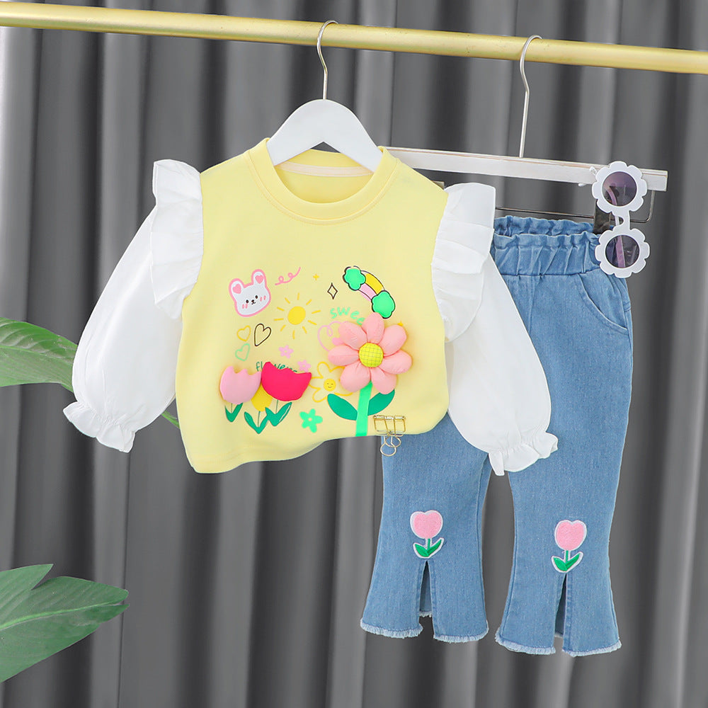 Wholesale baby girl spring clothes 2023 set baby children's clothes children's clothes 1-3 year old girl spring and autumn generation hair