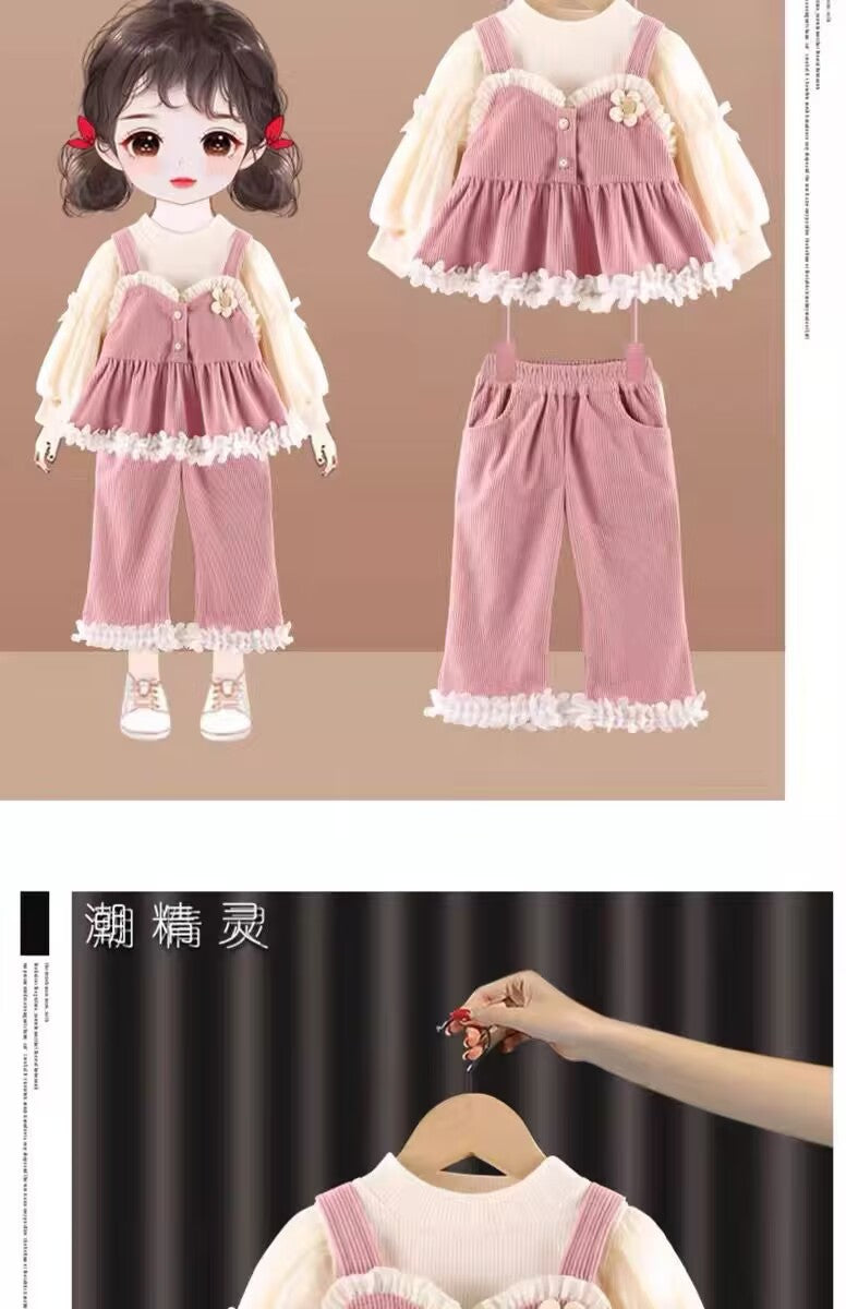 Girls Spring and Autumn Suit 2025 New Children's Girl Clothes Casual Pants Three-piece Set Baby Princess Suspender Dress (Available)