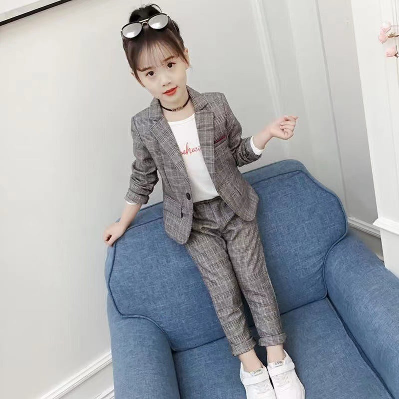 New Design Kids Girls Clothes Set Korean Plaid Two-piece Suit (Available )