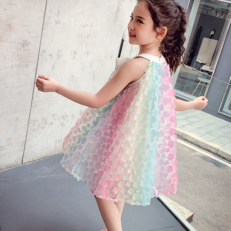 Girls sleeveless dress 2025 summer new color 3D flower skirt children's bow princess skirt (Available)