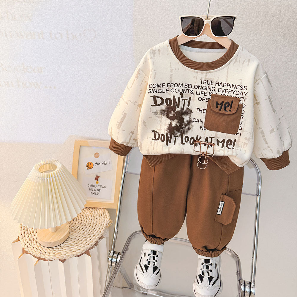 Kids2026 New Boys' Autumn Outfit Letter Pocket Sweatshirt Set Children's Stylish Spring and Autumn Two-Piece Set Wholesale