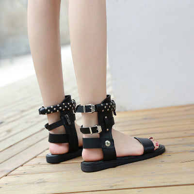 Black Soft End Roman Rivet Flat Beach Sandals