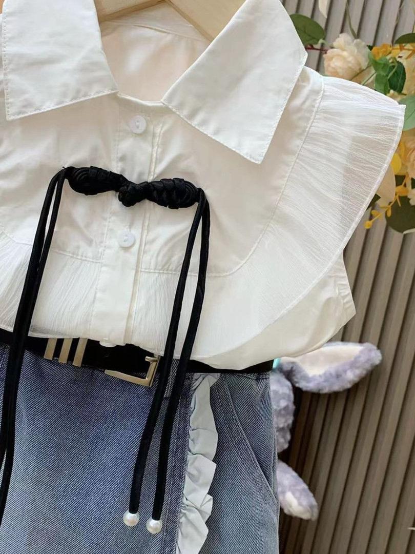 Girls princess style suit 2025 summer new baby girl flying sleeve shirt + denim lace skirt pants two-piece suit