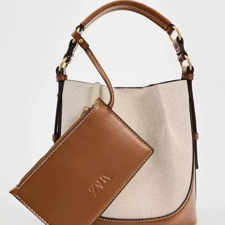 Fashion Drawstring Canvas Contrast Color Casual One-shoulder Bucket Bag
