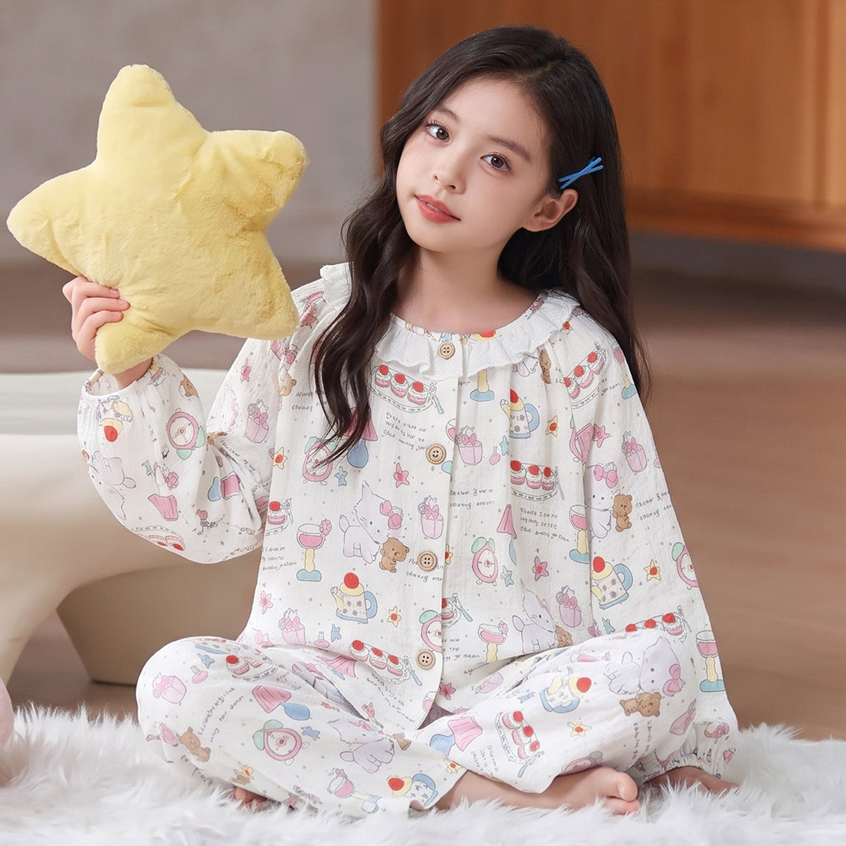 Kids Pajamas for Spring and Autumn Girls’ Cloud Cotton Long-Sleeve Thin Set, Big Kid 2026 New Trendy Homewear