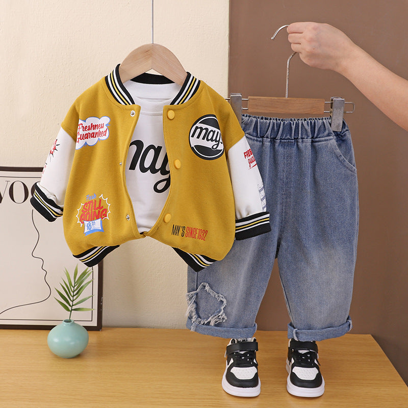 Boys' sports suit, spring and autumn 2026 new model, children's Korean-style letter graffiti baseball jacket three-piece set, trendy for boys