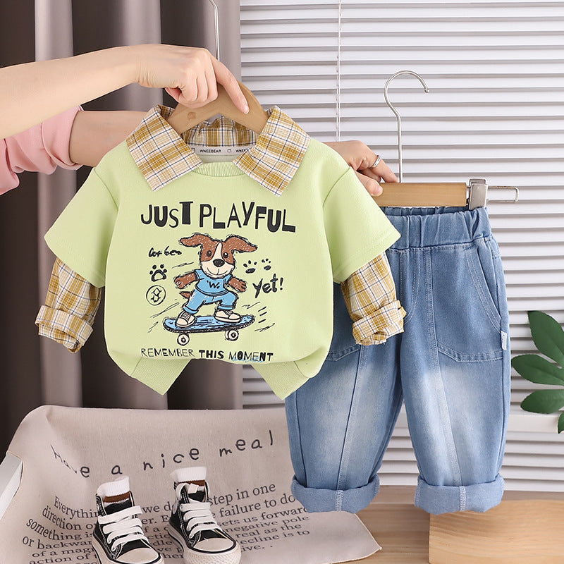 2026 New Children's Clothing Boys' Outfit Spring Fashion Stylish Skateboard Dog Plaid Two-Piece Set for Toddlers and Kids