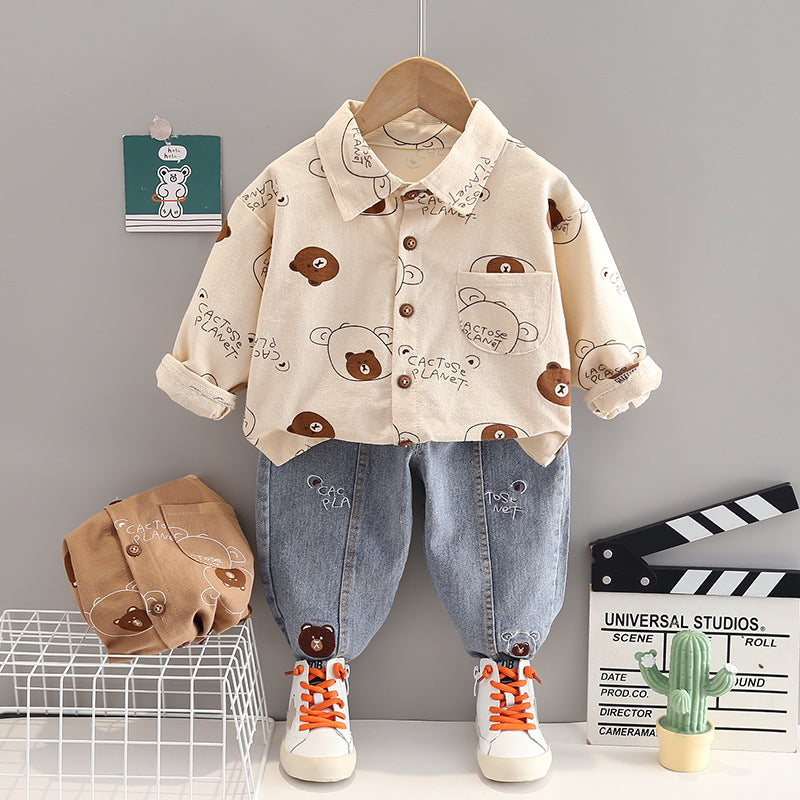 Male Baby Baby Spring Clothes Shirt Clothes Autumn Western Style Full Print Bear Cartoon Handsome Two-piece Set Little Boy Children's Clothes