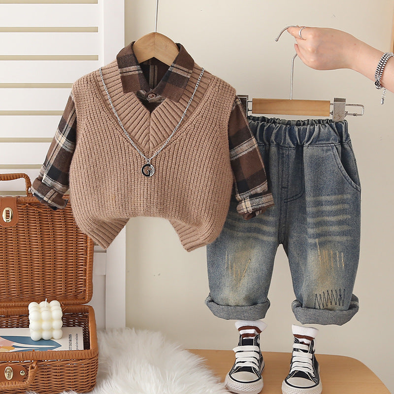 Boys Spring and Autum Suit 2025 New Baby V Neck Sweater Three-Piece Set Kidsren's Clothing Korean Style Shirt Trendy Delivery
