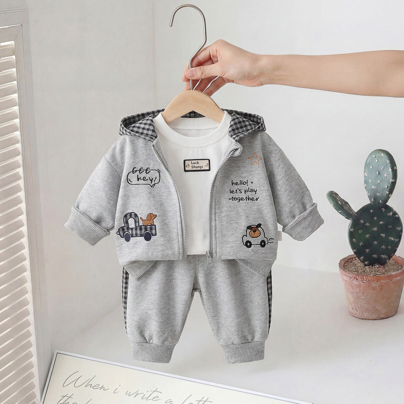 2026 New Spring Outfit for Boys, Stylish Baby Spring and Autumn Clothing Set for Children Aged 1-4, Cartoon Puppy Three-Piece Trendy Set