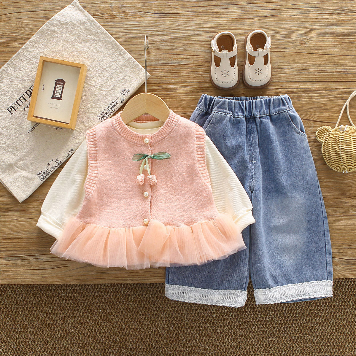 Girls' Autumn Three-Piece Set: Sweet Mesh Patchwork Sweater Vest, Lace Trim Denim Pants, Toddler Outfit