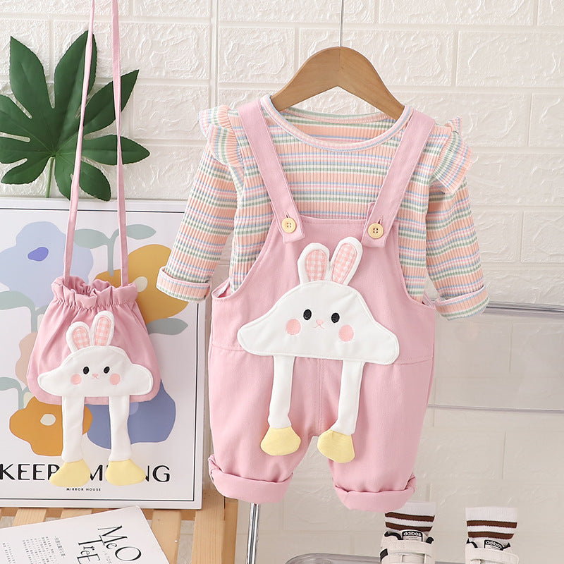 Free Shipping Yikids Girls Cute Soft Cute Strap Trousers suit Baby Girl Cartoon Two-piece Set