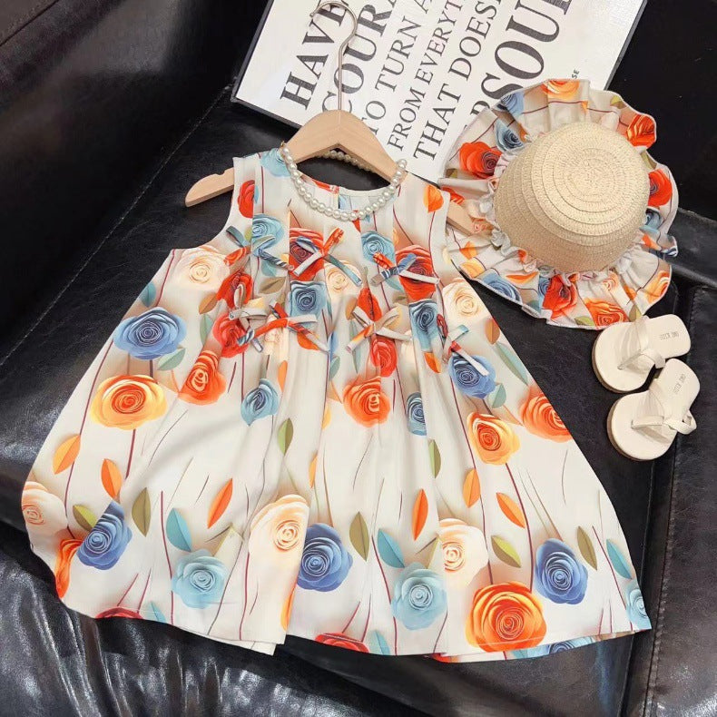 Girls Rose Flower Bowknot Dress 2025 Baby Sweet Princess Dress Sleeveless Vest Dress with Hat