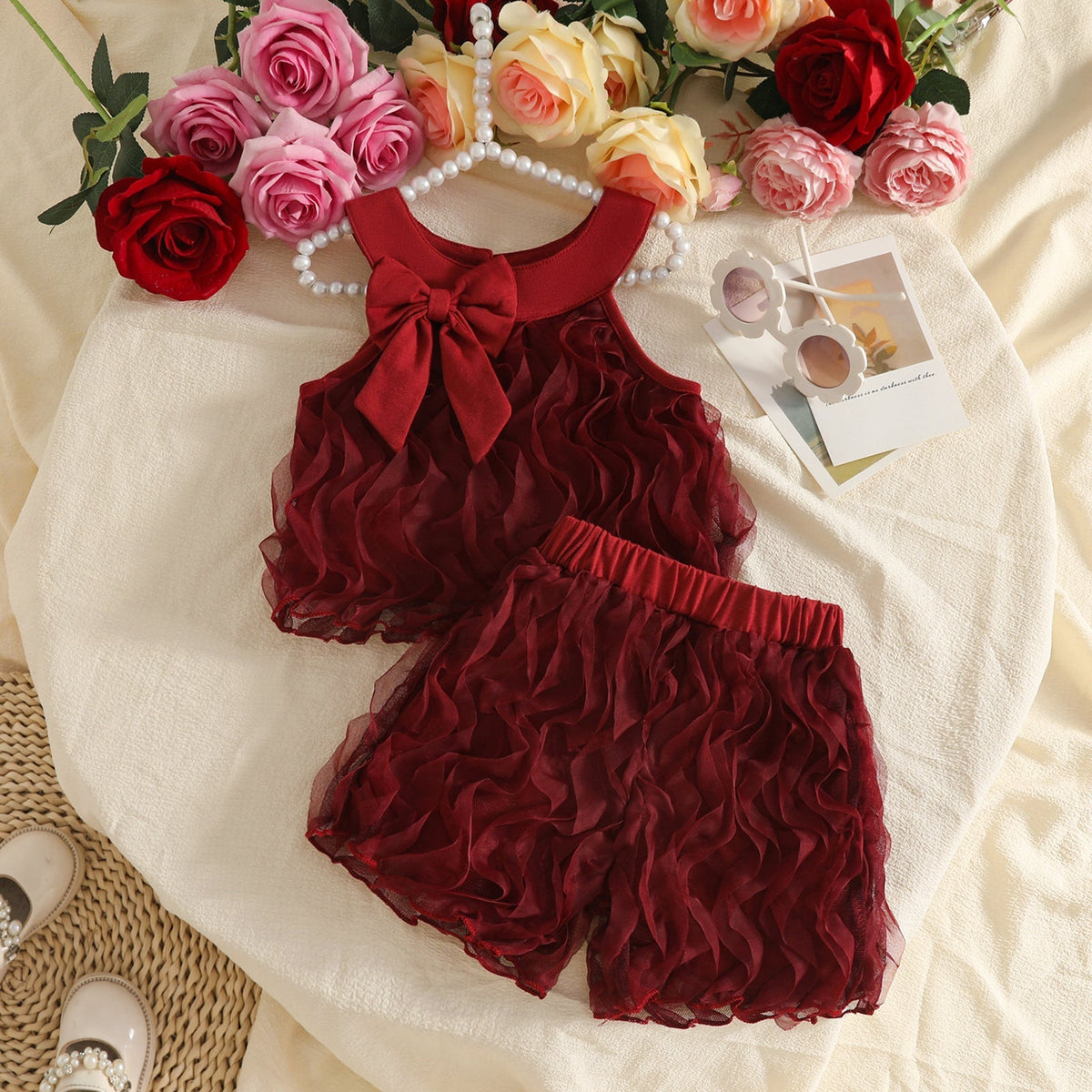 2027 Cross-border Sweet 0-3 Year Old Baby Girl Set: Sleeveless Round Neck Top + Shorts in Ribbed Mesh Fabric