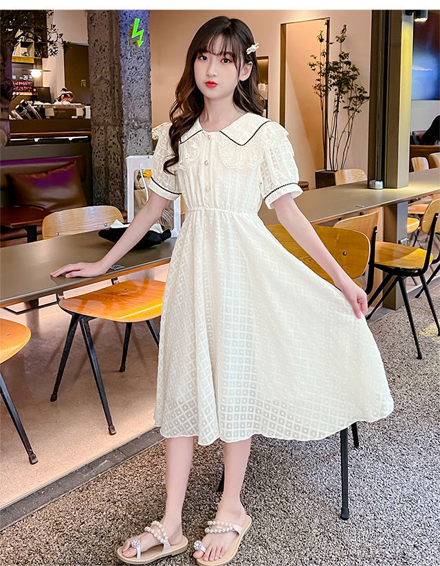 Children's Fashion Preppy Style Sailor Collar Loose Casual Robe Girls' Short Sleeve Sweet Bow Dress Children's Dresses