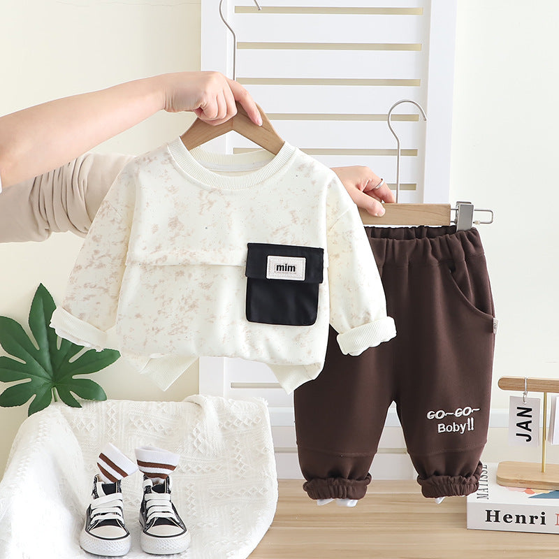 Spring new Korean children's clothing boys pocket round neck long sleeve children's suit 0-5 years old two-piece children's clothes