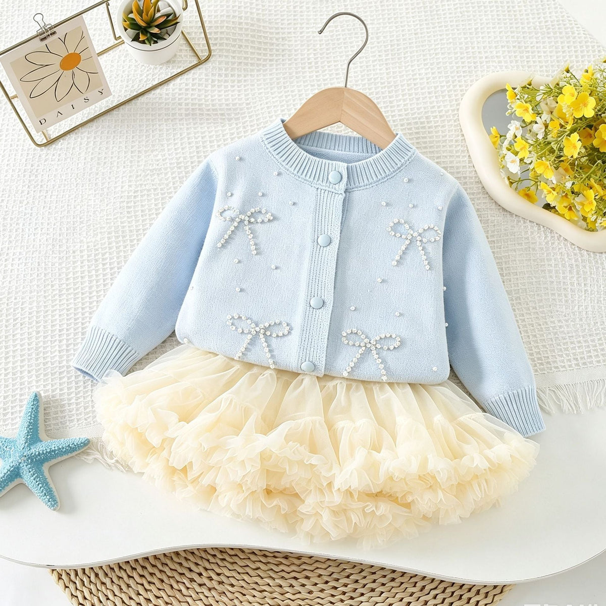 Girls' Sweater Dress Set for Autumn and Winter, New Pearl Bow Knit Cardigan, Korean Style Fashionable Puffy Princess Dress for Baby Girls