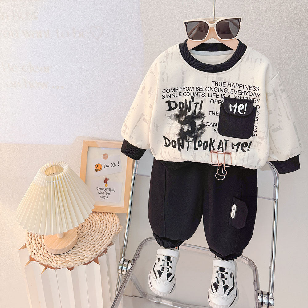 Kids2026 New Boys' Autumn Outfit Letter Pocket Sweatshirt Set Children's Stylish Spring and Autumn Two-Piece Set Wholesale