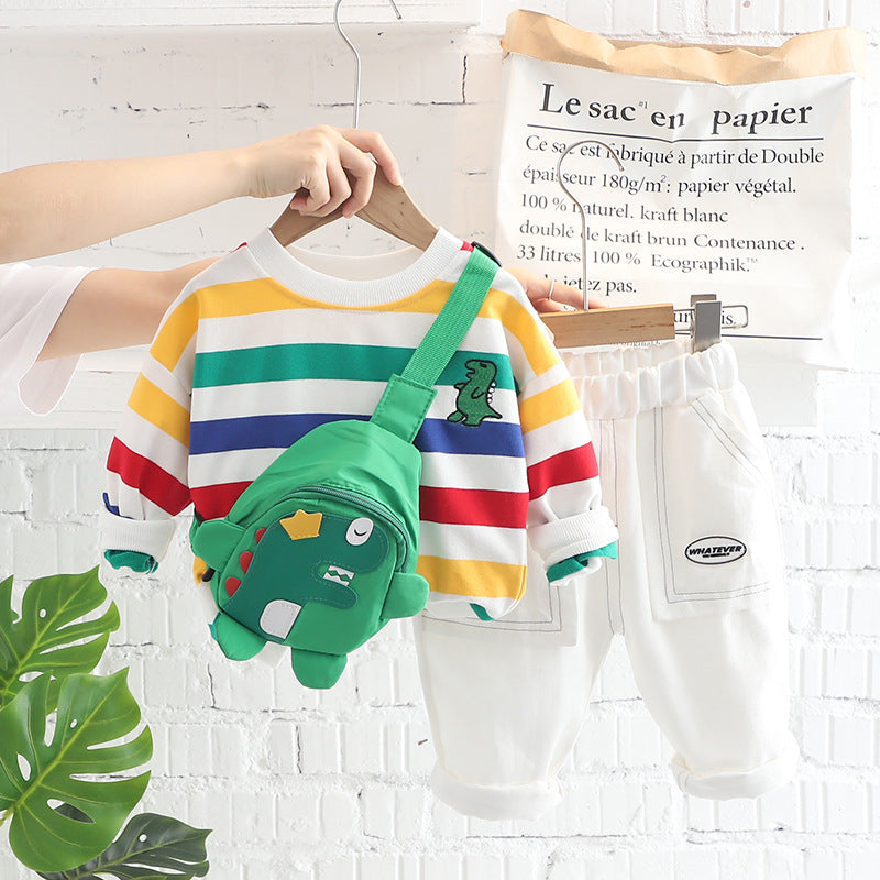 Children's autumn clothing boys and girls 2022 autumn clothing boys suit striped round neck jeans two-piece set with bag
