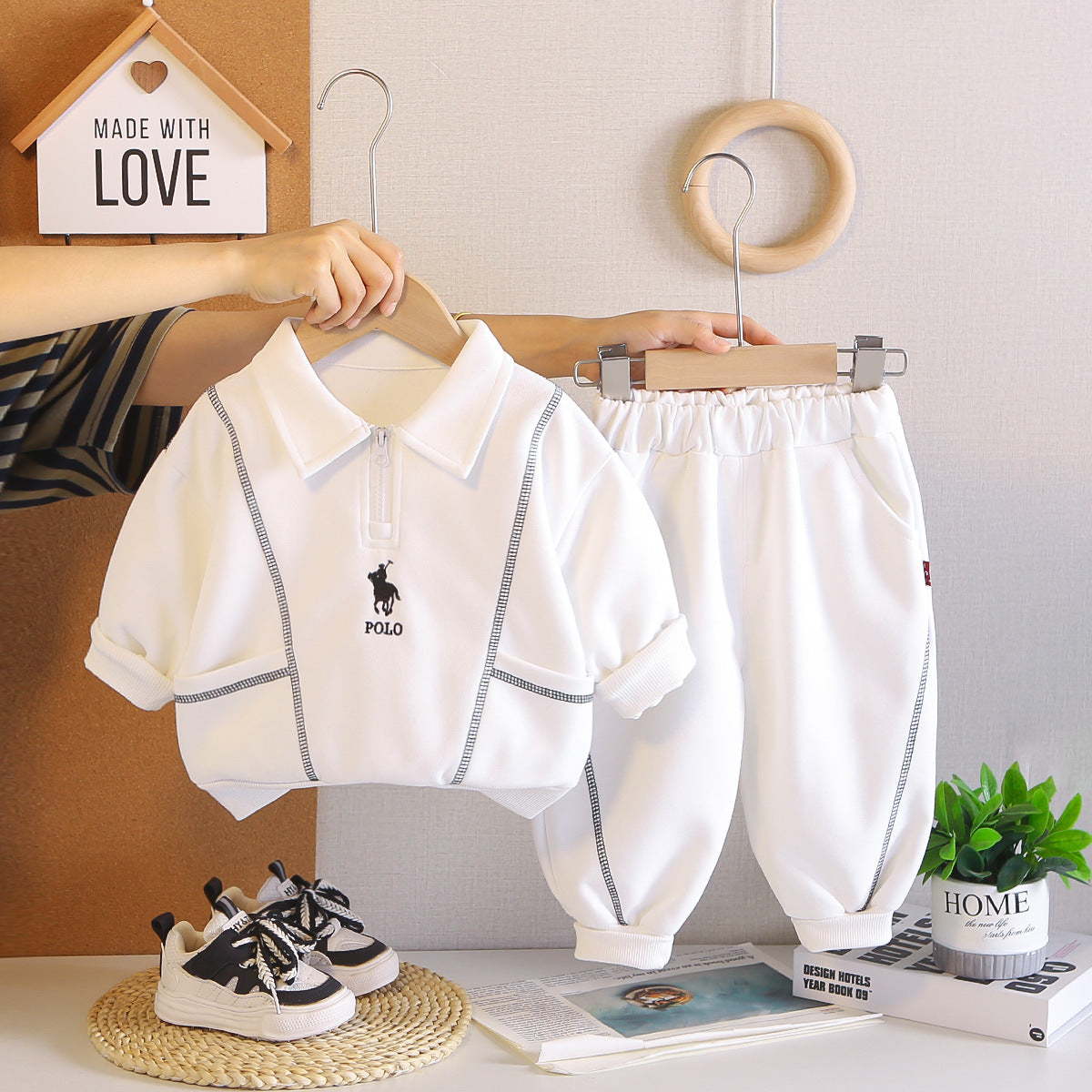 Boys' Striped Polo Set Spring and Autumn New Style Toddler Embroidered Turn-down Collar Sweatshirt and Pants Casual Two-piece Set Children's Clothing Wholesale