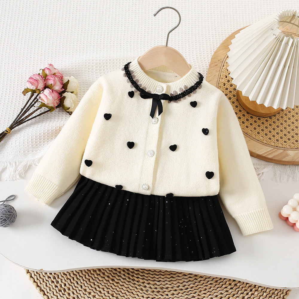 Girls' Heart Sequin Lace Collar Sweater Skirt Spring New Baby Girl Cute Knitted Two-Piece Korean Style Trendy