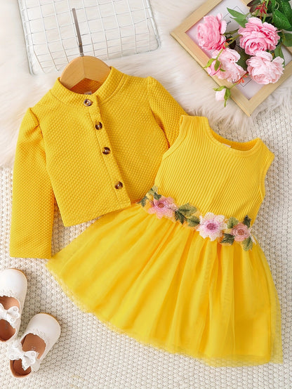 Girl's spring and autumn style waist flower design dress