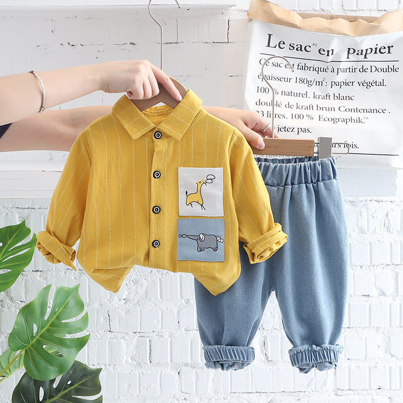 Children's Clothing 2022 Autumn New Elephant Shirt Two-piece Set Boys' Long-sleeved Casual Children's Suit Generating Hair