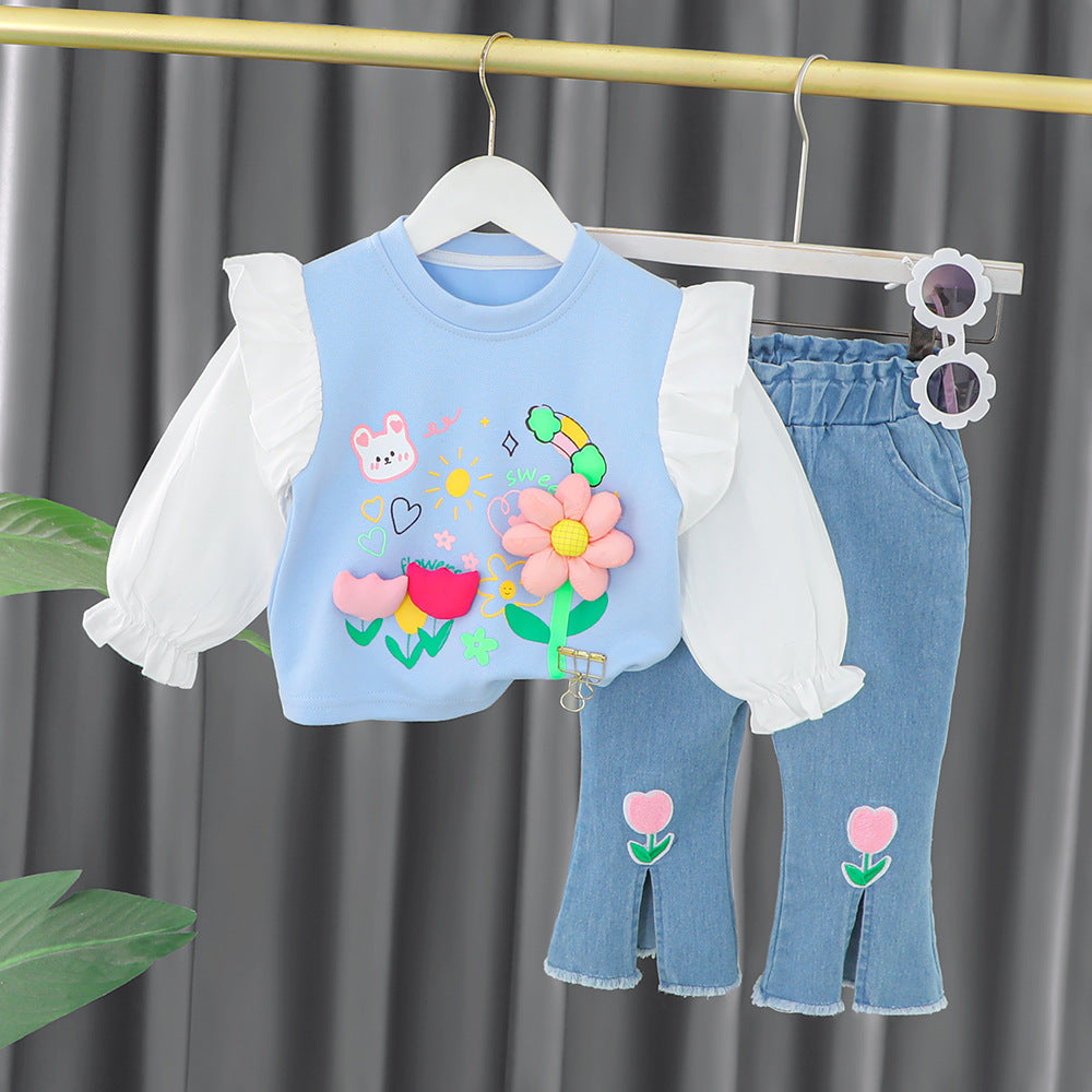 Wholesale baby girl spring clothes 2023 set baby children's clothes children's clothes 1-3 year old girl spring and autumn generation hair