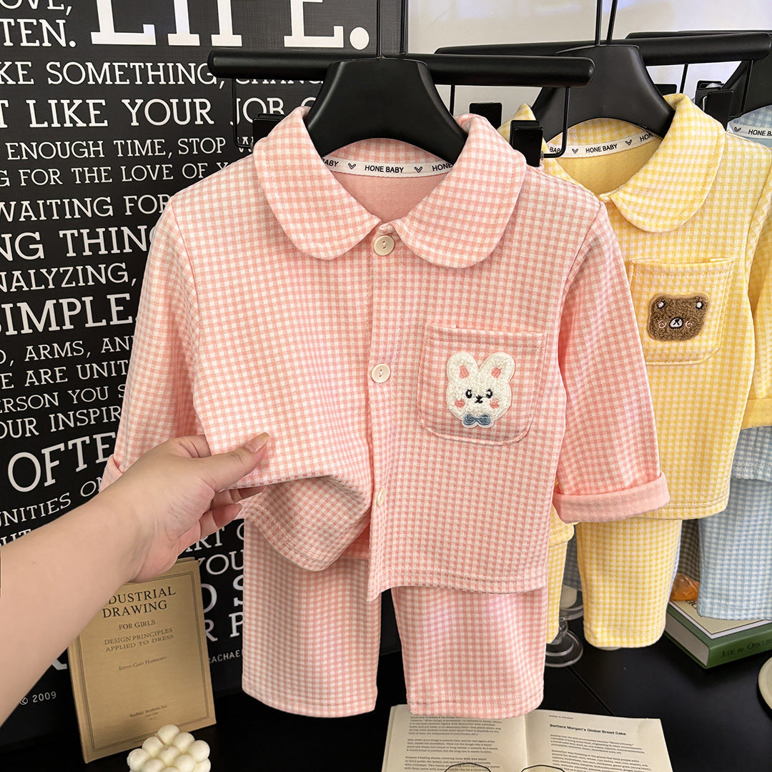 2026 Autumn Collection Children's Home Wear Set New Brushed Velvet Long Sleeve Plaid Pajamas Spring and Autumn Wholesale