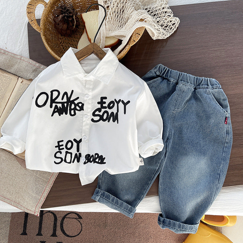 2026 New Boys' Outfit Spring and Autumn Style Children's Fashionable Baby Autumn Letter Shirt Casual Two-Piece Set Trendy