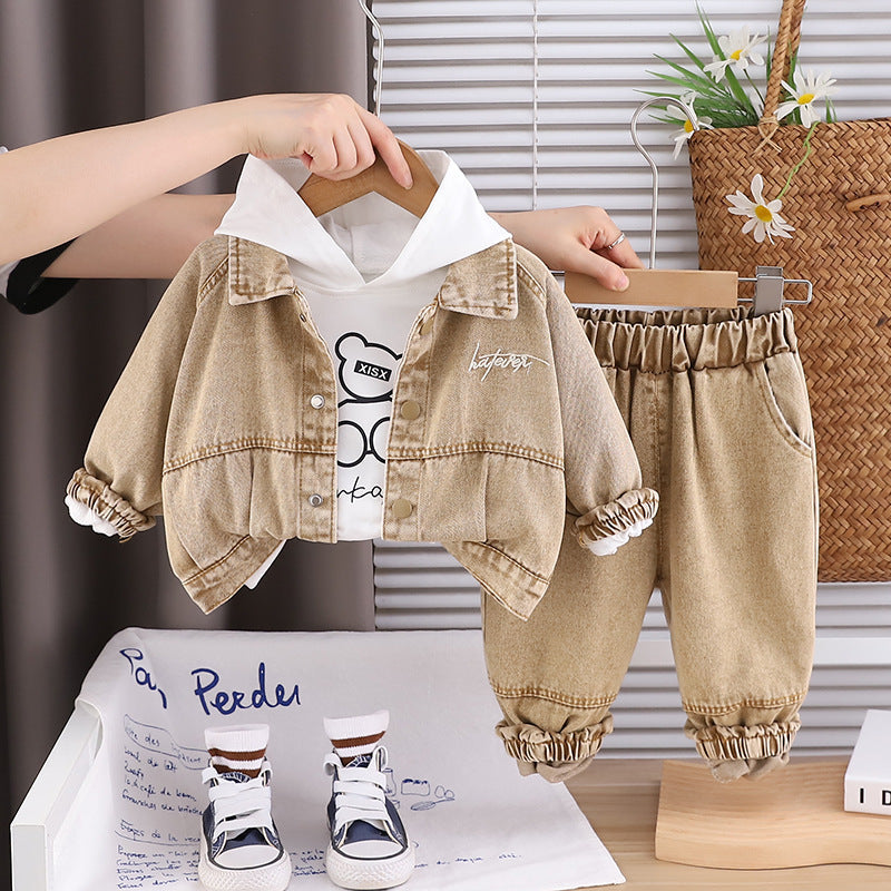 Boys' Spring and Autumn Outfit 2025 New Korean Style Trendy Embroidered Letter Denim Hoodie Three-Piece Set Autumn Clothing
