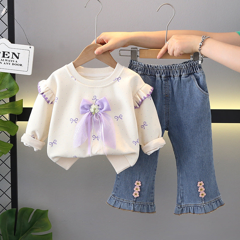 2025 New Spring and Autumn Full-Print Bowknot Outfit for Baby Girls, Denim Pants and Long-Sleeve Two-Piece Set, Trendy Baby Clothing Wholesale