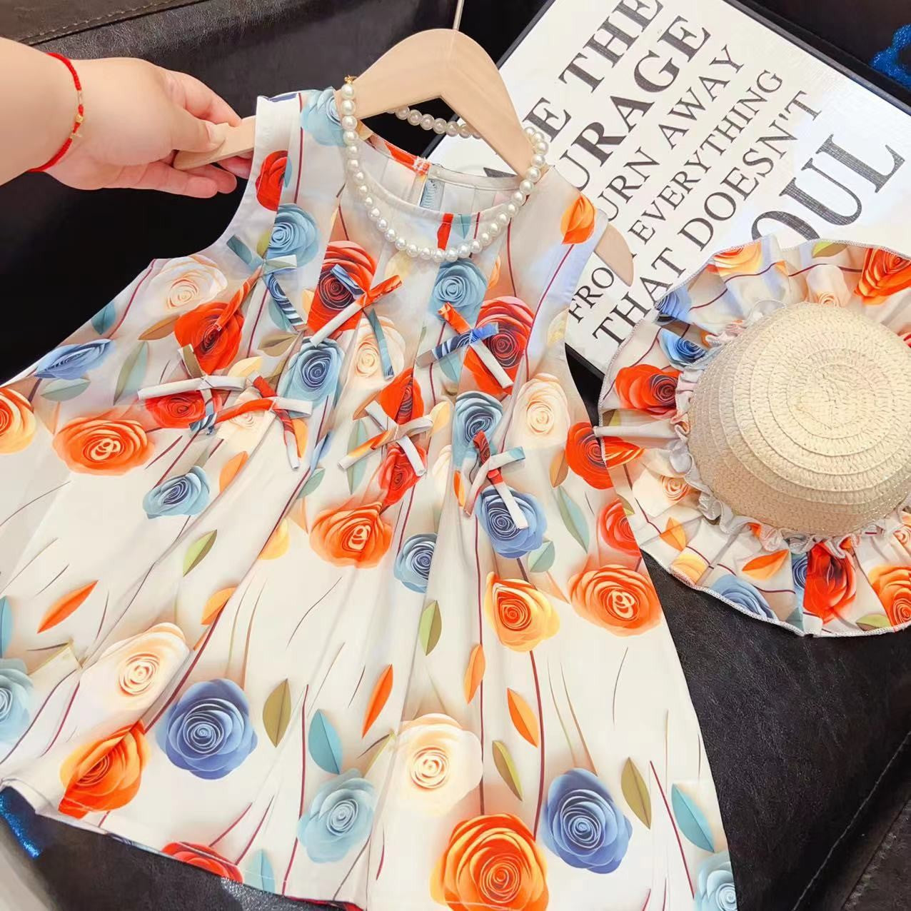 Girls Rose Flower Bowknot Dress 2025 Baby Sweet Princess Dress Sleeveless Vest Dress with Hat