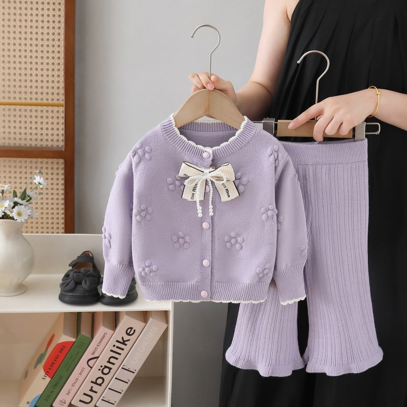 Children's Sweater Jacket and Knitted Pants Set 2025 Autumn New Style Sweet Two-Piece Set for Little Girls Girls' Sweater