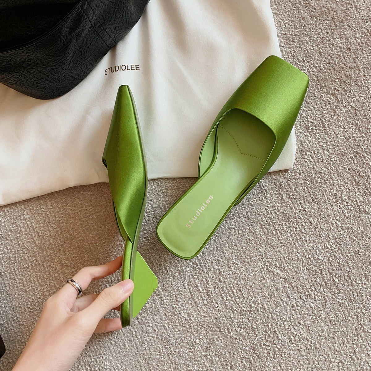 French Style Square Toe Low-cut Silk Satin Triangle Heel Muller Sandals (Available)