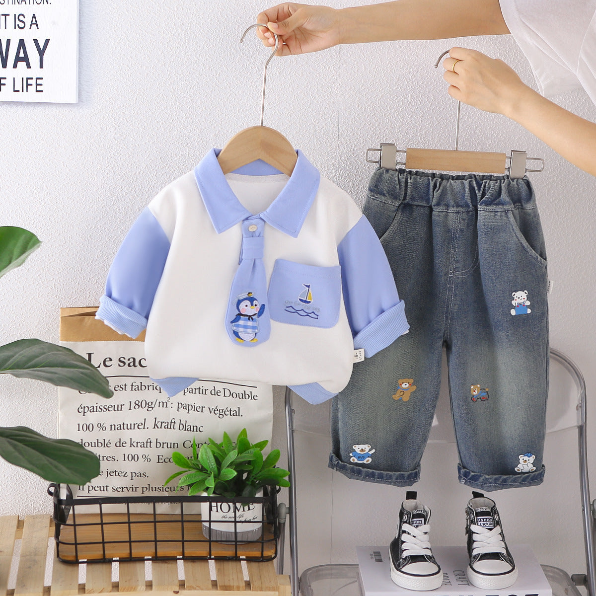 Boys' Striped Polo Set Spring and Autumn New Style Toddler Embroidered Turn-down Collar Sweatshirt and Pants Casual Two-piece Set Children's Clothing Wholesale