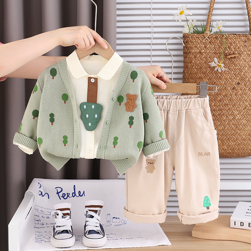 Boys' Spring and Autumn Outfit Stylish 2025 New Toddler Casual Autumn Clothing Baby Full-Body Tree Cardigan Three-Piece Set
