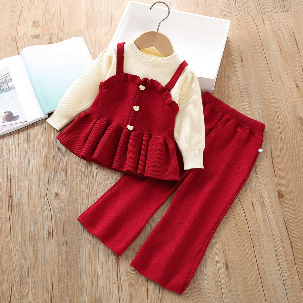 Girls' Sweater suit Fashionable Autumn New Korean-style Girl Fake Two-piece Knitted Long-sleeved Two-piece Pants
