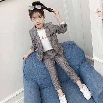 New Design Kids Girls Clothes Set Korean Plaid Two-piece Suit