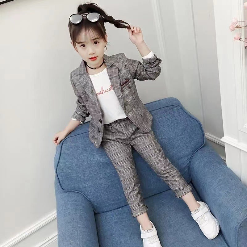 New Design Kids Girls Clothes Set Korean Plaid Two-piece Suit (Available )