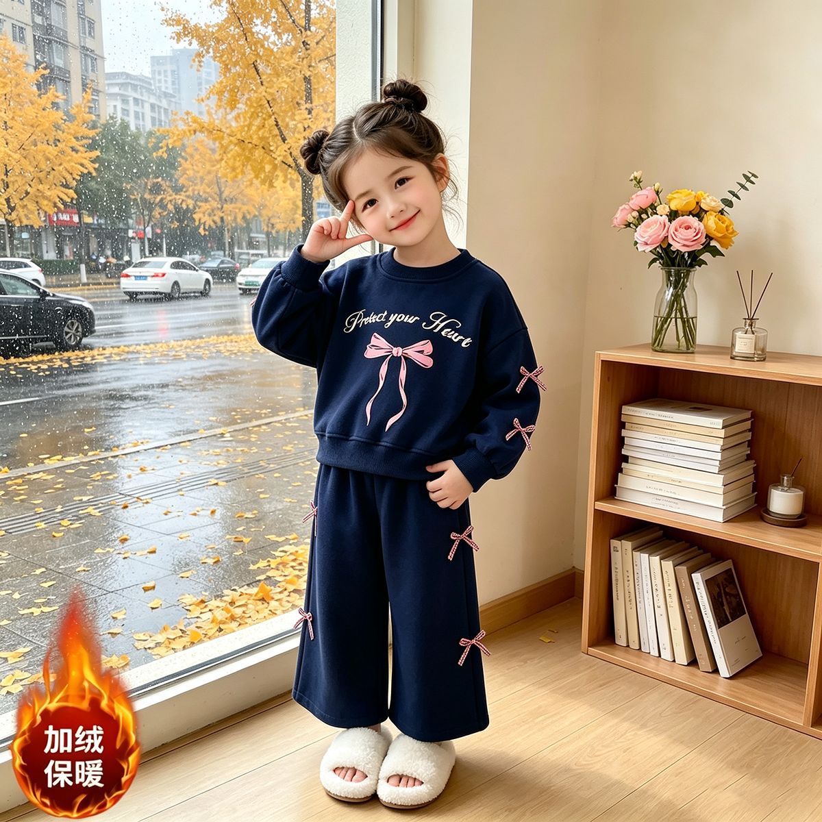 Korean-Style Ins Cat-Themed Girls' Outfit, Spring and Autumn Children's Bow Sweatshirt and Wide-Leg Pants Two-Piece Set, Export Children's Clothing